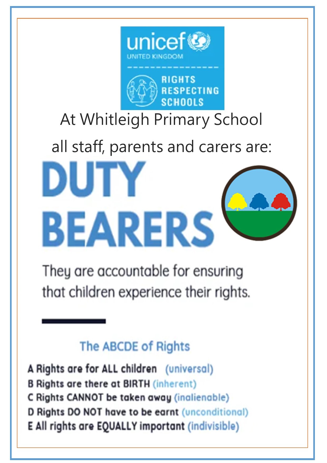 At Whitleigh Primary School all staff, parents and carers are duty bearers. They are accountable for ensuring that children experience their rights.